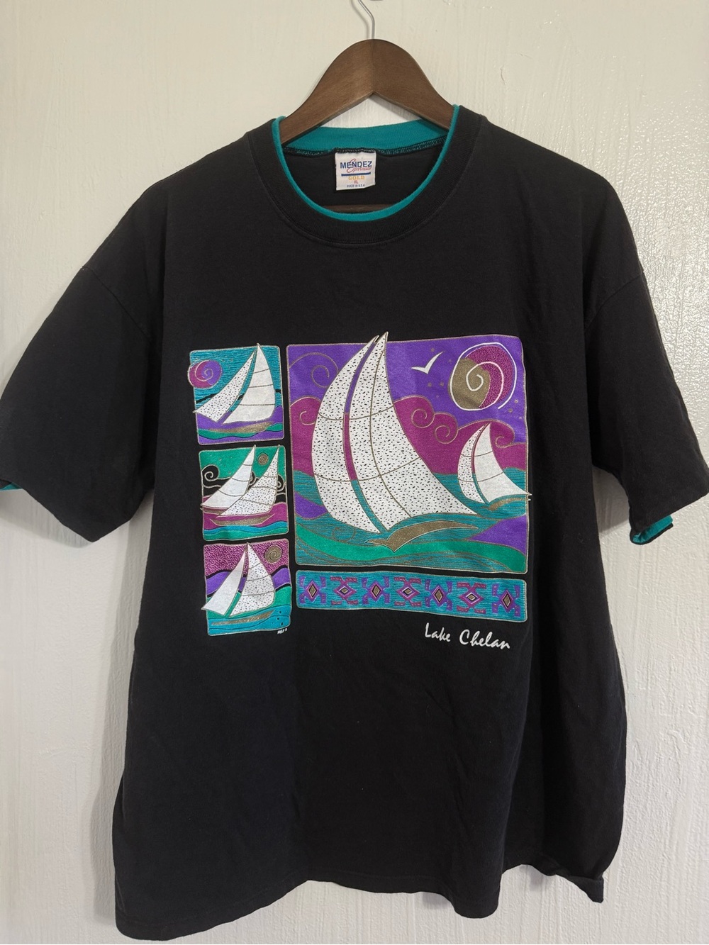 Vtg Mendez Sportswear Sail Boats Lake Chela Washington Size XL T Shirt Black